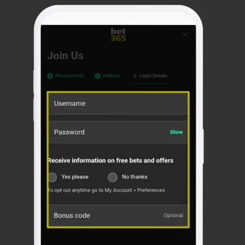 Fill in your details in Bet365
