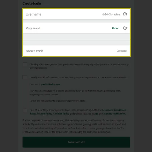 Create a username and password at Bet365