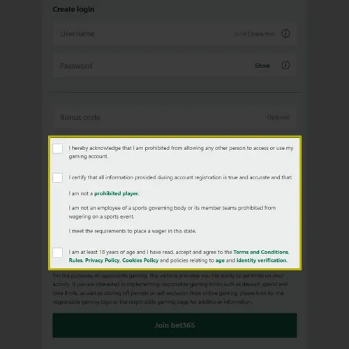Accept the terms and conditions on the Bet365 site